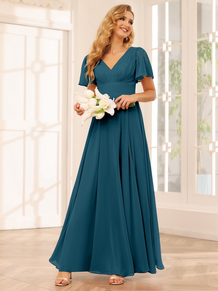 A-Line/Princess V-Neck Long Bridesmaid Dresses with Split Side Teal
