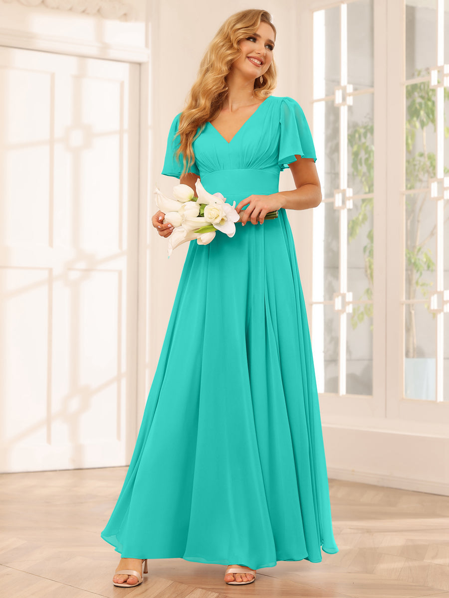 A-Line/Princess V-Neck Long Bridesmaid Dresses with Split Side Turquoise