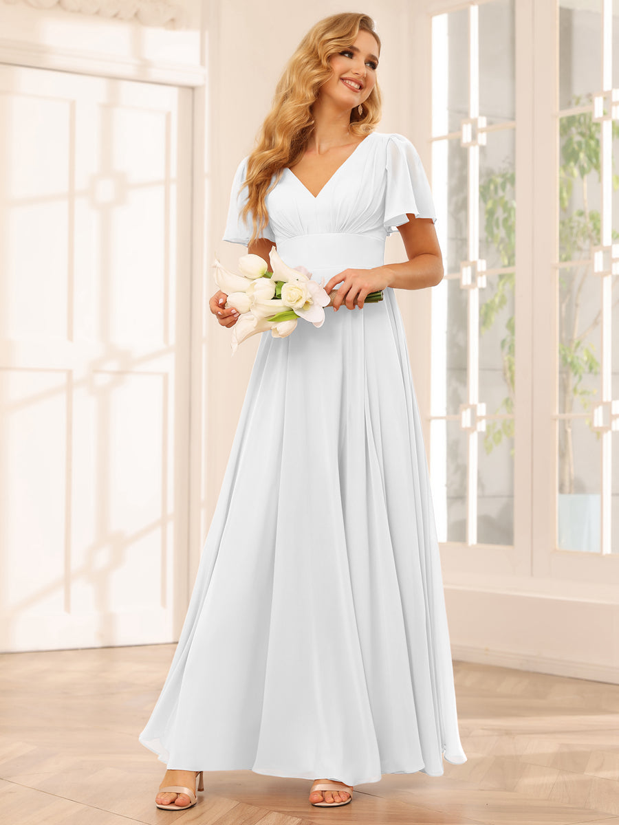 A-Line/Princess V-Neck Long Bridesmaid Dresses with Split Side White