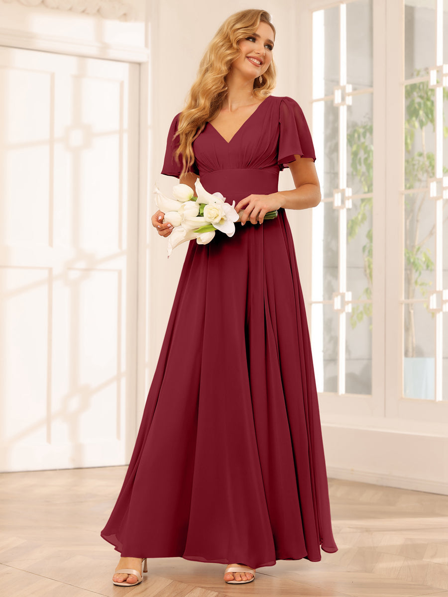 A-Line/Princess V-Neck Long Bridesmaid Dresses with Split Side Wine Red