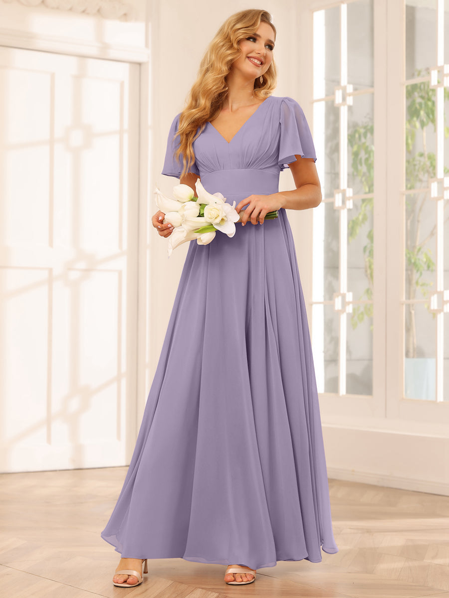 A-Line/Princess V-Neck Long Bridesmaid Dresses with Split Side Wisteria