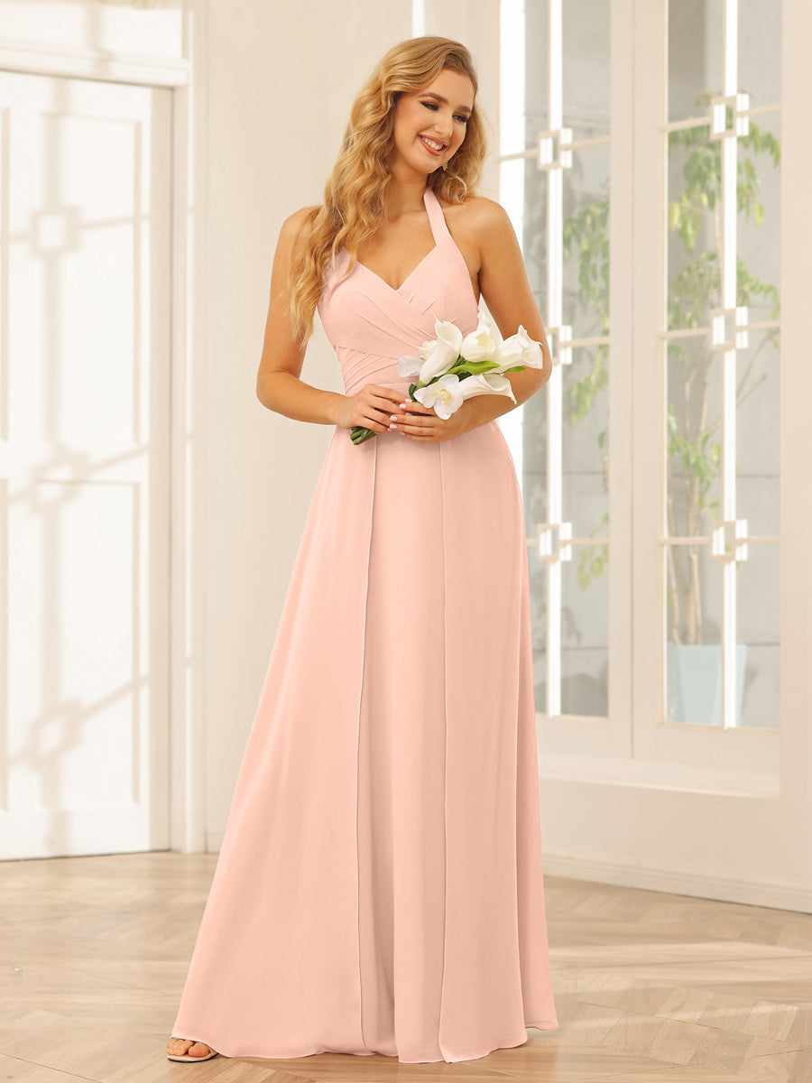 A-Line/Princess Halter Long Bridesmaid Dresses with Split Side Blush Pink