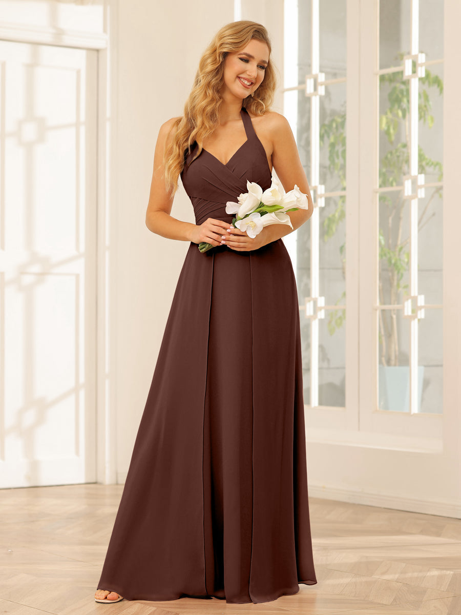 A-Line/Princess Halter Long Bridesmaid Dresses with Split Side Brown