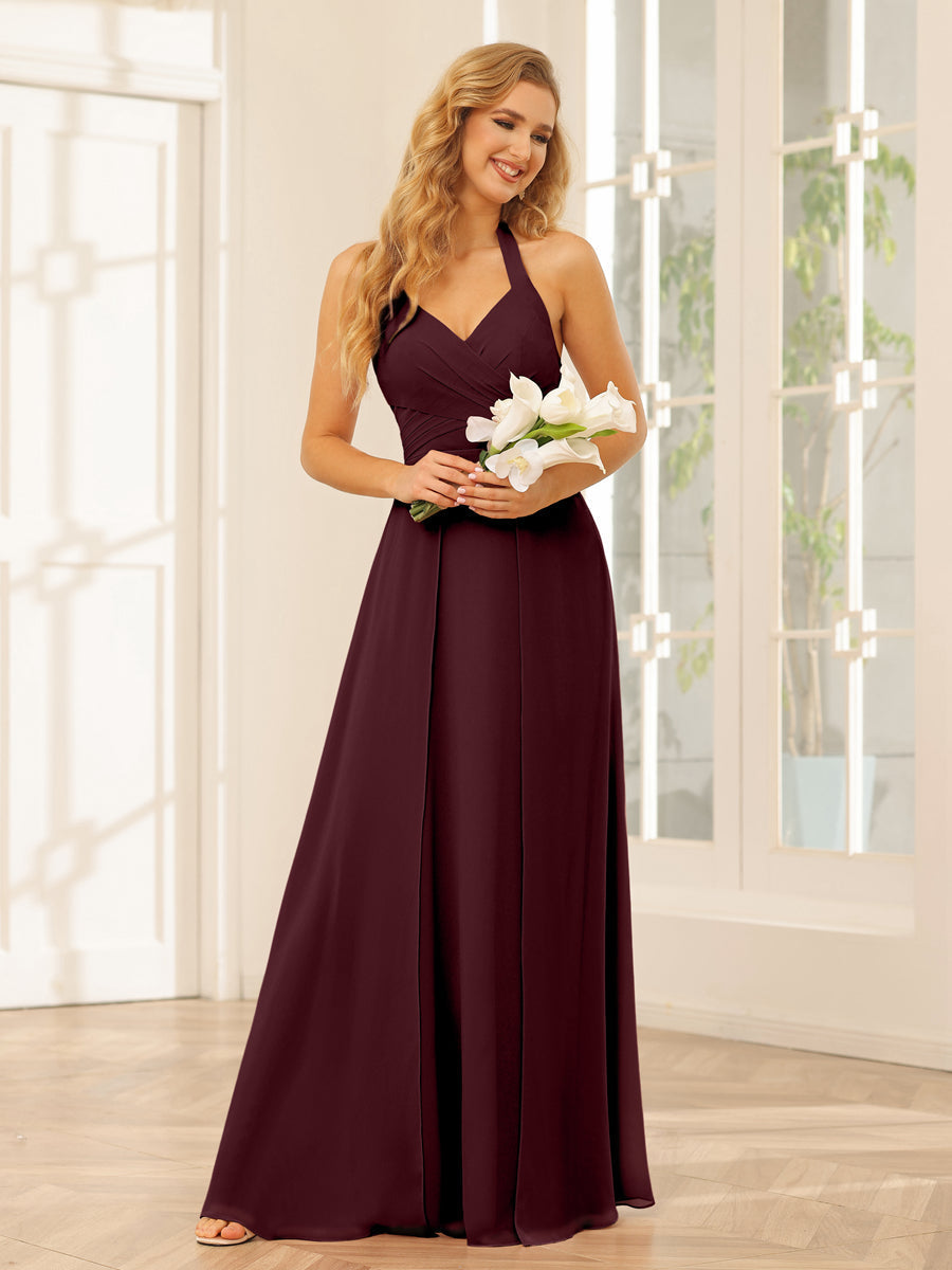 A-Line/Princess Halter Long Bridesmaid Dresses with Split Side Burgundy