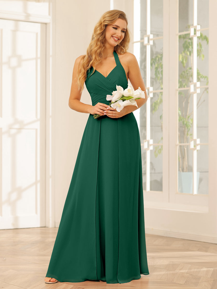 A-Line/Princess Halter Long Bridesmaid Dresses with Split Side Dark Green