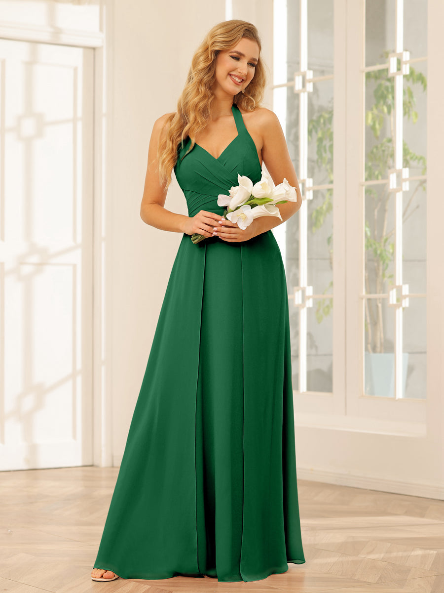 A-Line/Princess Halter Long Bridesmaid Dresses with Split Side Emerald