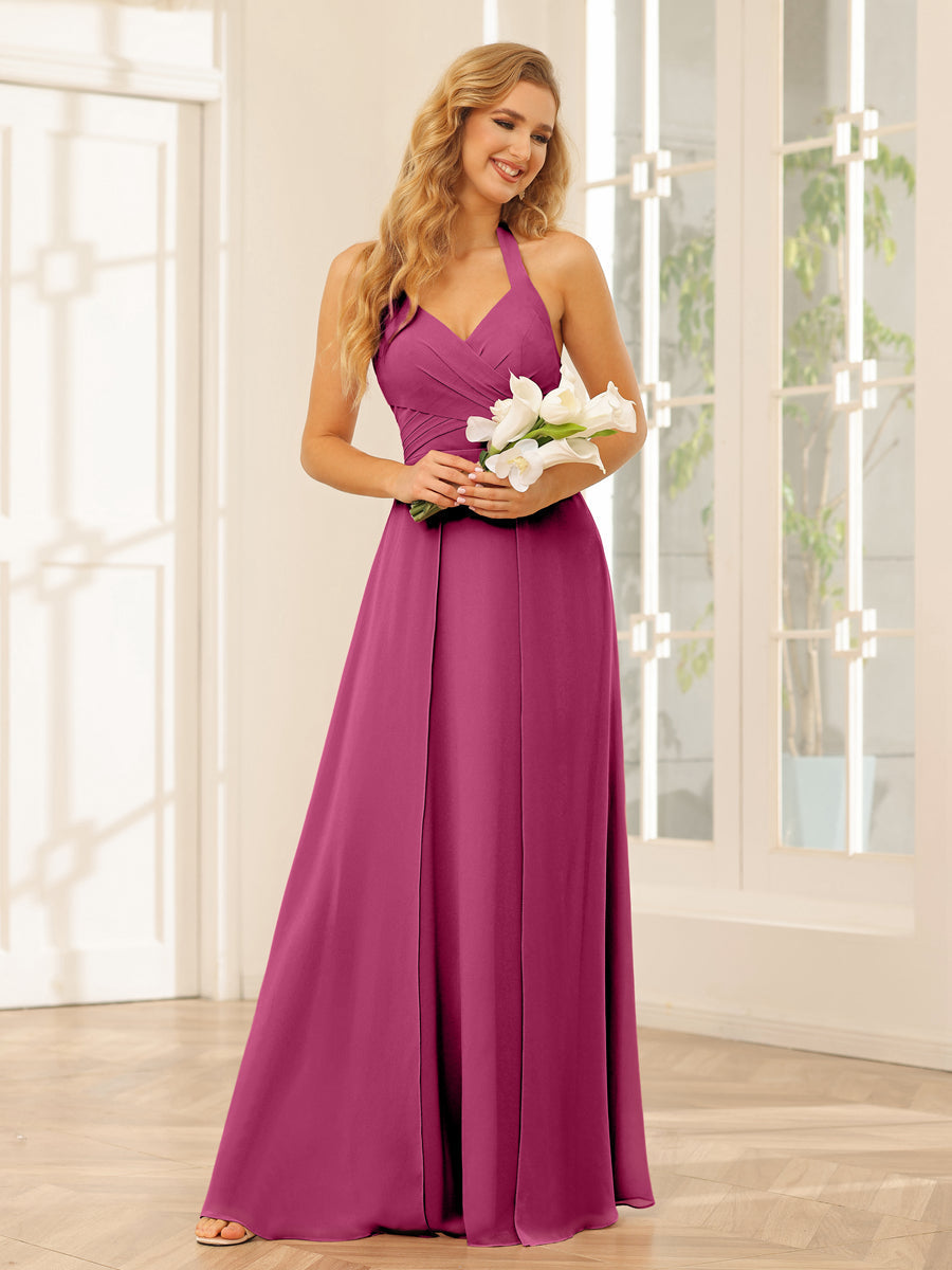 A-Line/Princess Halter Long Bridesmaid Dresses with Split Side Fuchsia