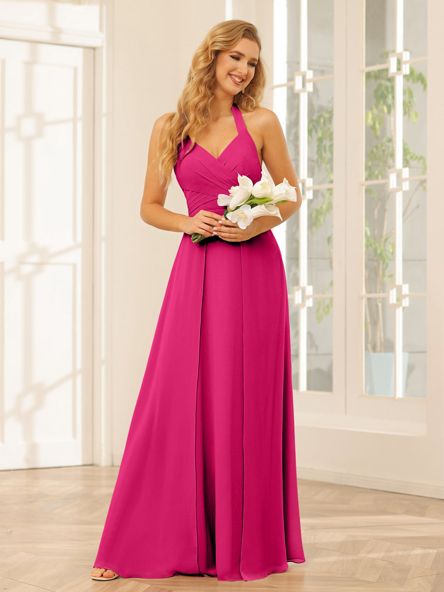 A-Line/Princess Halter Long Bridesmaid Dresses with Split Side Fuchsia Pink