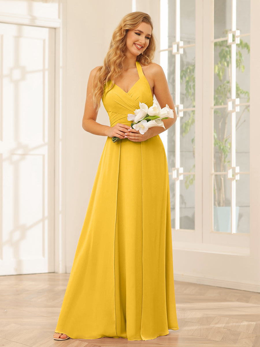 A-Line/Princess Halter Long Bridesmaid Dresses with Split Side Gold