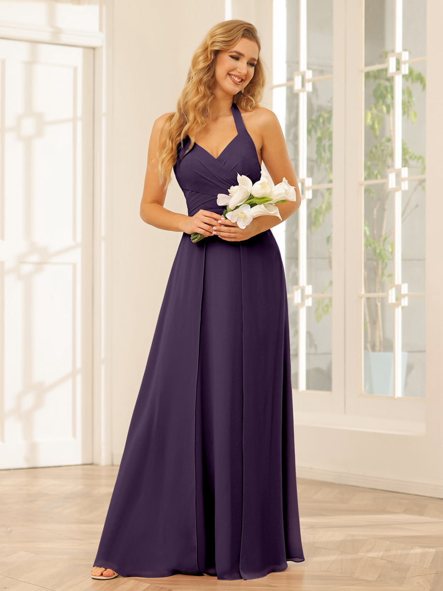 A-Line/Princess Halter Long Bridesmaid Dresses with Split Side Grape