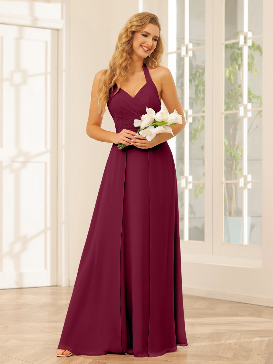 A-Line/Princess Halter Long Bridesmaid Dresses with Split Side Light Burgundy
