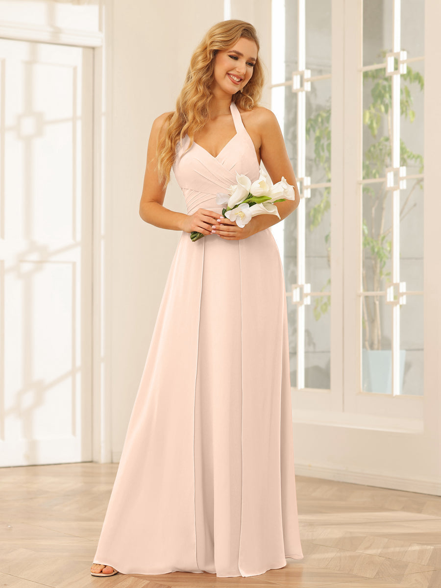A-Line/Princess Halter Long Bridesmaid Dresses with Split Side Light Champagne