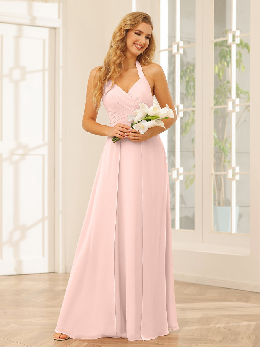 A-Line/Princess Halter Long Bridesmaid Dresses with Split Side Light Pink