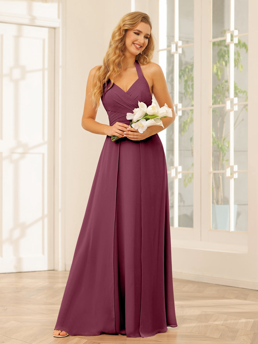 A-Line/Princess Halter Long Bridesmaid Dresses with Split Side Mulberry