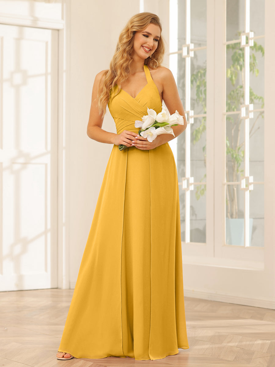 A-Line/Princess Halter Long Bridesmaid Dresses with Split Side Mustard Yellow