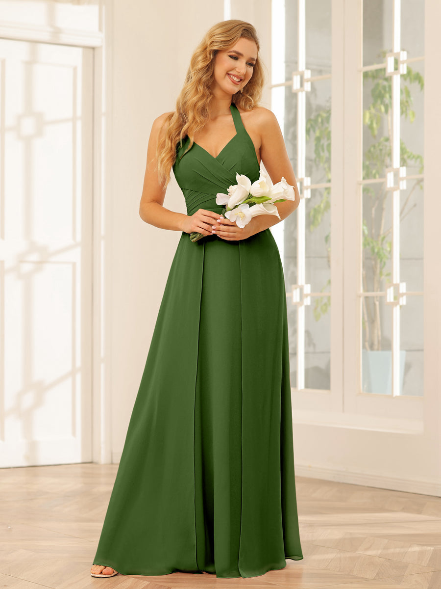 A-Line/Princess Halter Long Bridesmaid Dresses with Split Side Olive Green