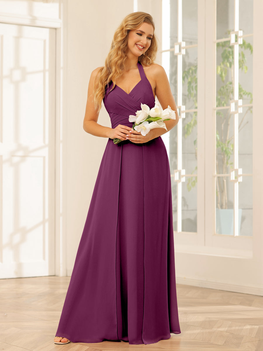 A-Line/Princess Halter Long Bridesmaid Dresses with Split Side Orchid