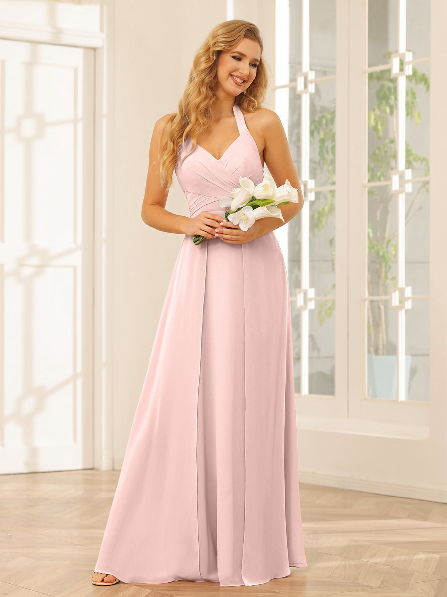 A-Line/Princess Halter Long Bridesmaid Dresses with Split Side Pearl Pink