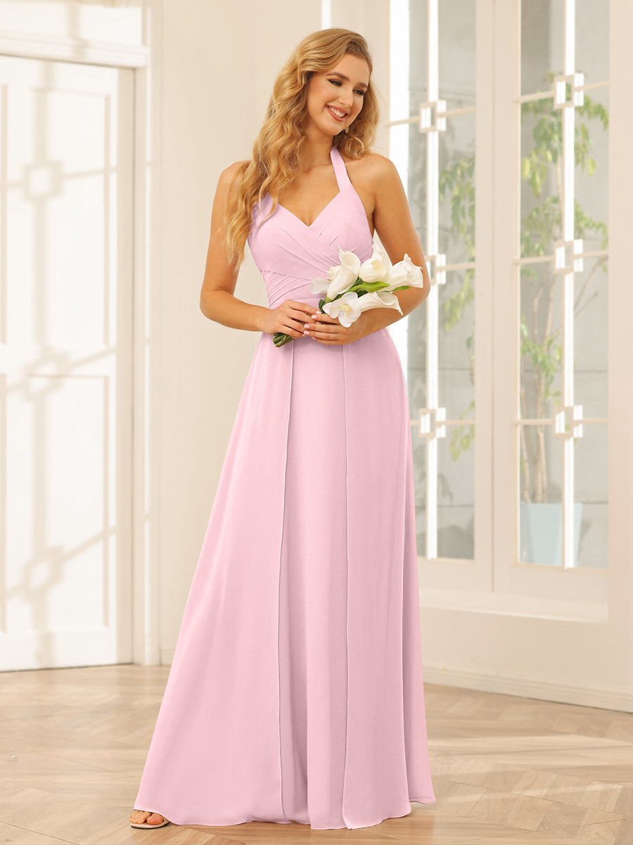 A-Line/Princess Halter Long Bridesmaid Dresses with Split Side Pink