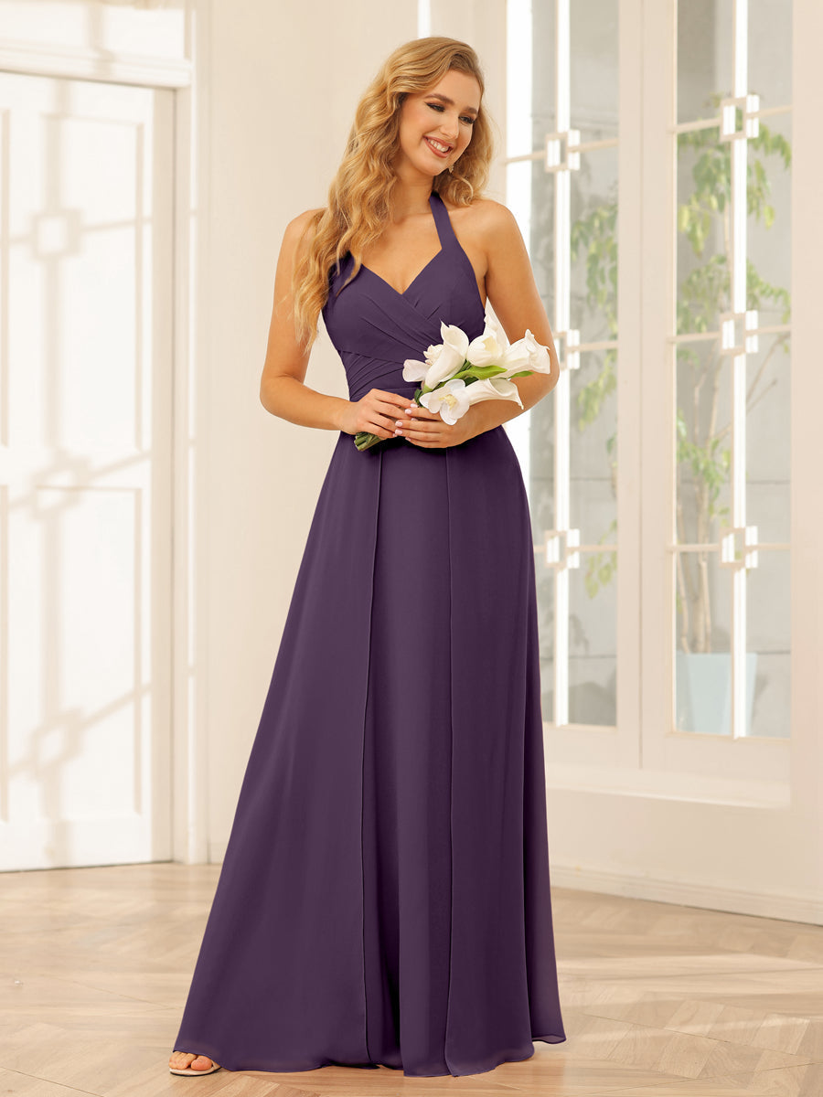 A-Line/Princess Halter Long Bridesmaid Dresses with Split Side Plum