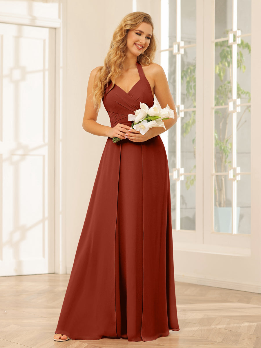 A-Line/Princess Halter Long Bridesmaid Dresses with Split Side Rust