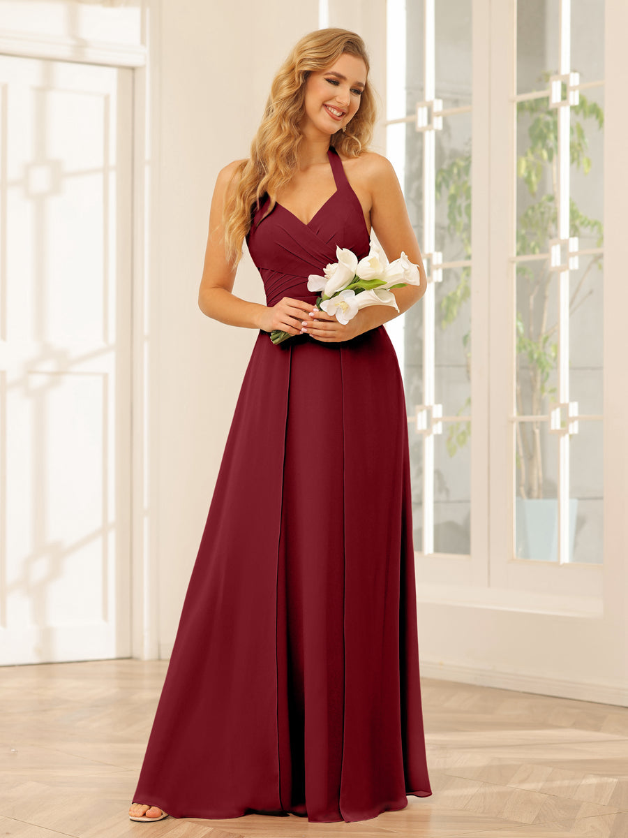 A-Line/Princess Halter Long Bridesmaid Dresses with Split Side Wine Red