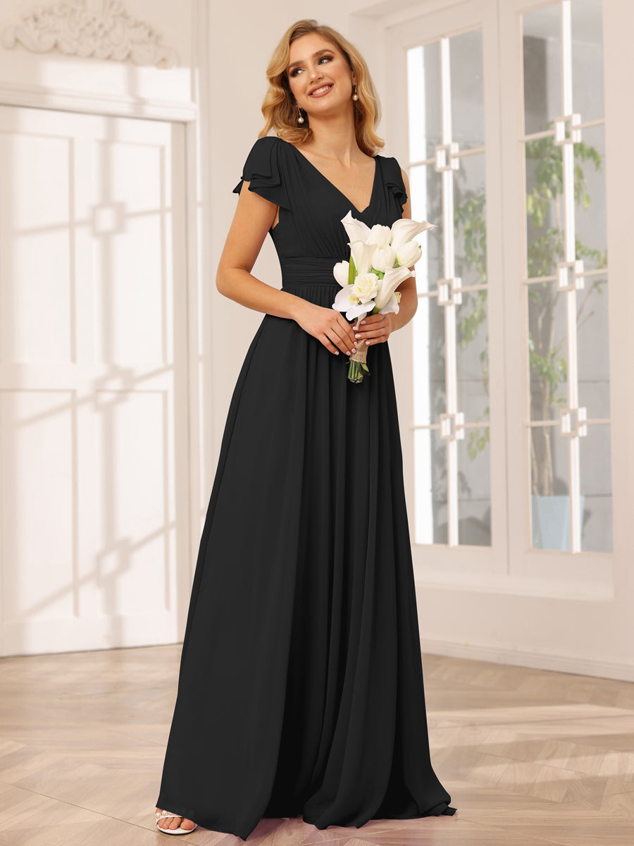 A-Line/Princess V-Neck Long Bridesmaid Dresses with Ruffles Black