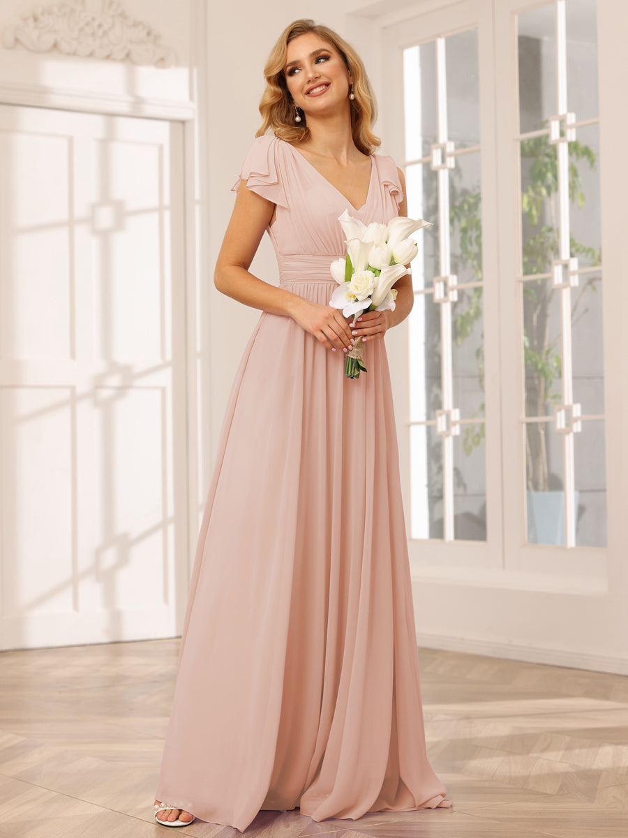 A-Line/Princess V-Neck Long Bridesmaid Dresses with Ruffles Blush Pink