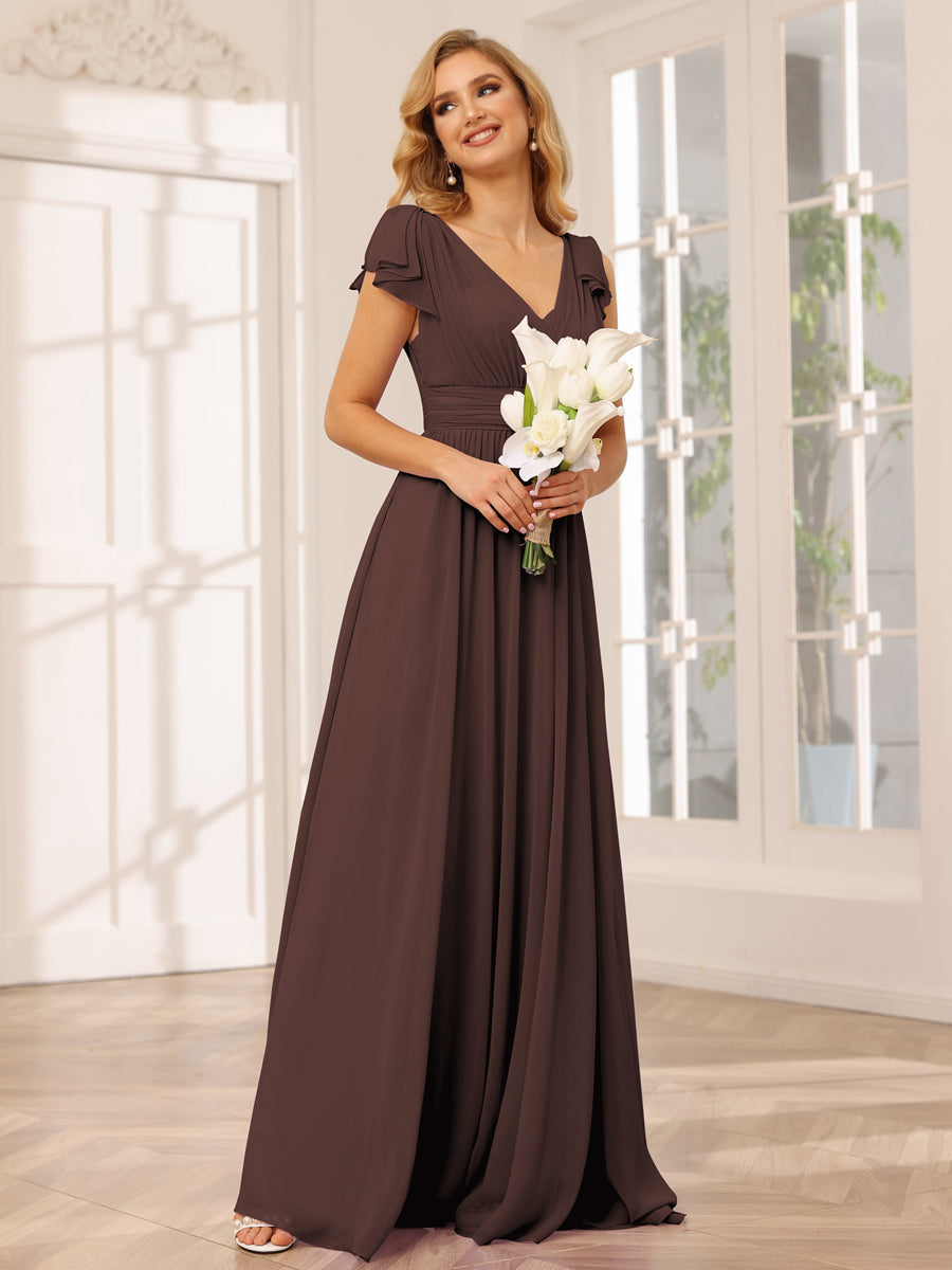 A-Line/Princess V-Neck Long Bridesmaid Dresses with Ruffles Brown