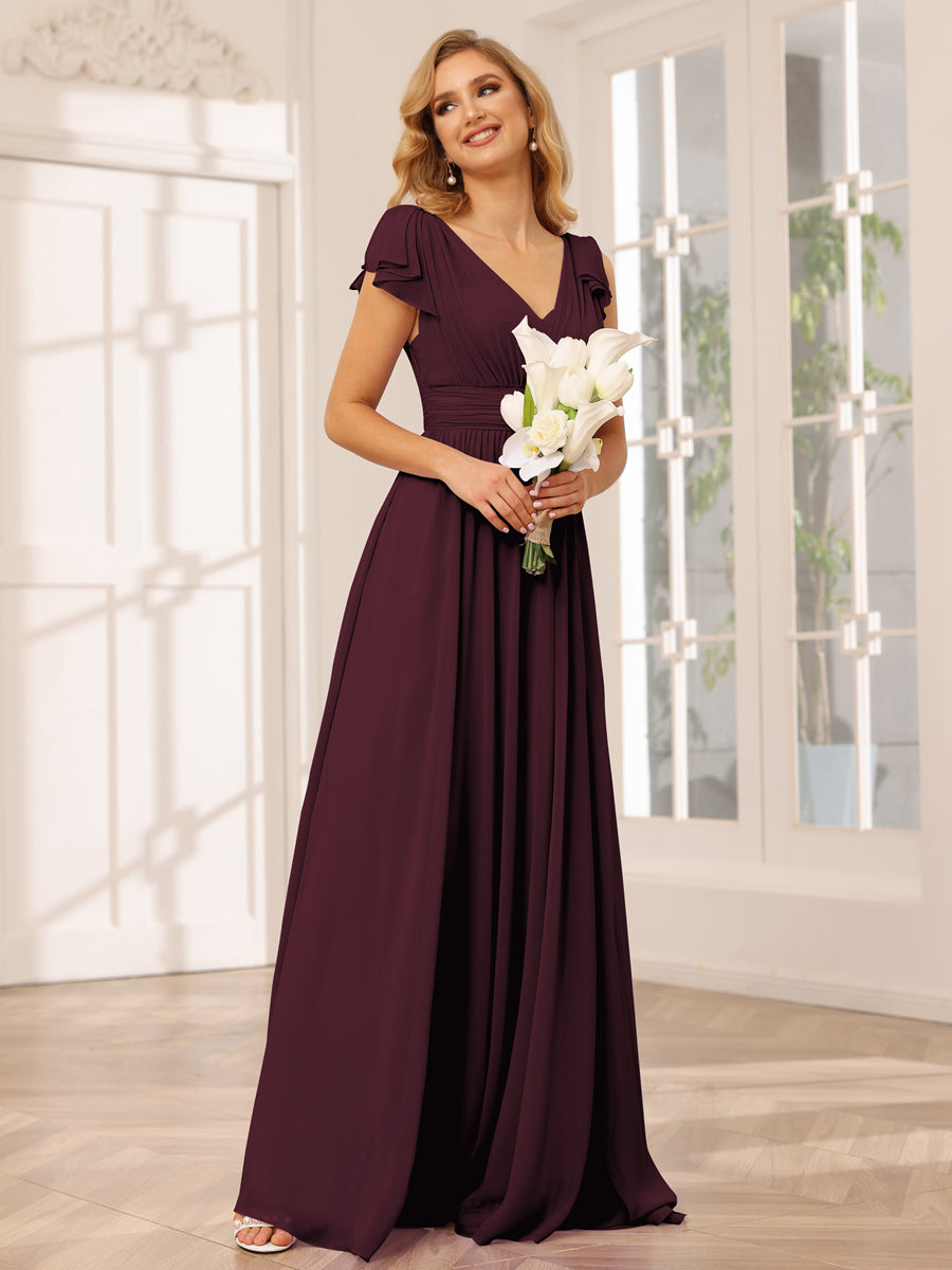 A-Line/Princess V-Neck Long Bridesmaid Dresses with Ruffles Burgundy