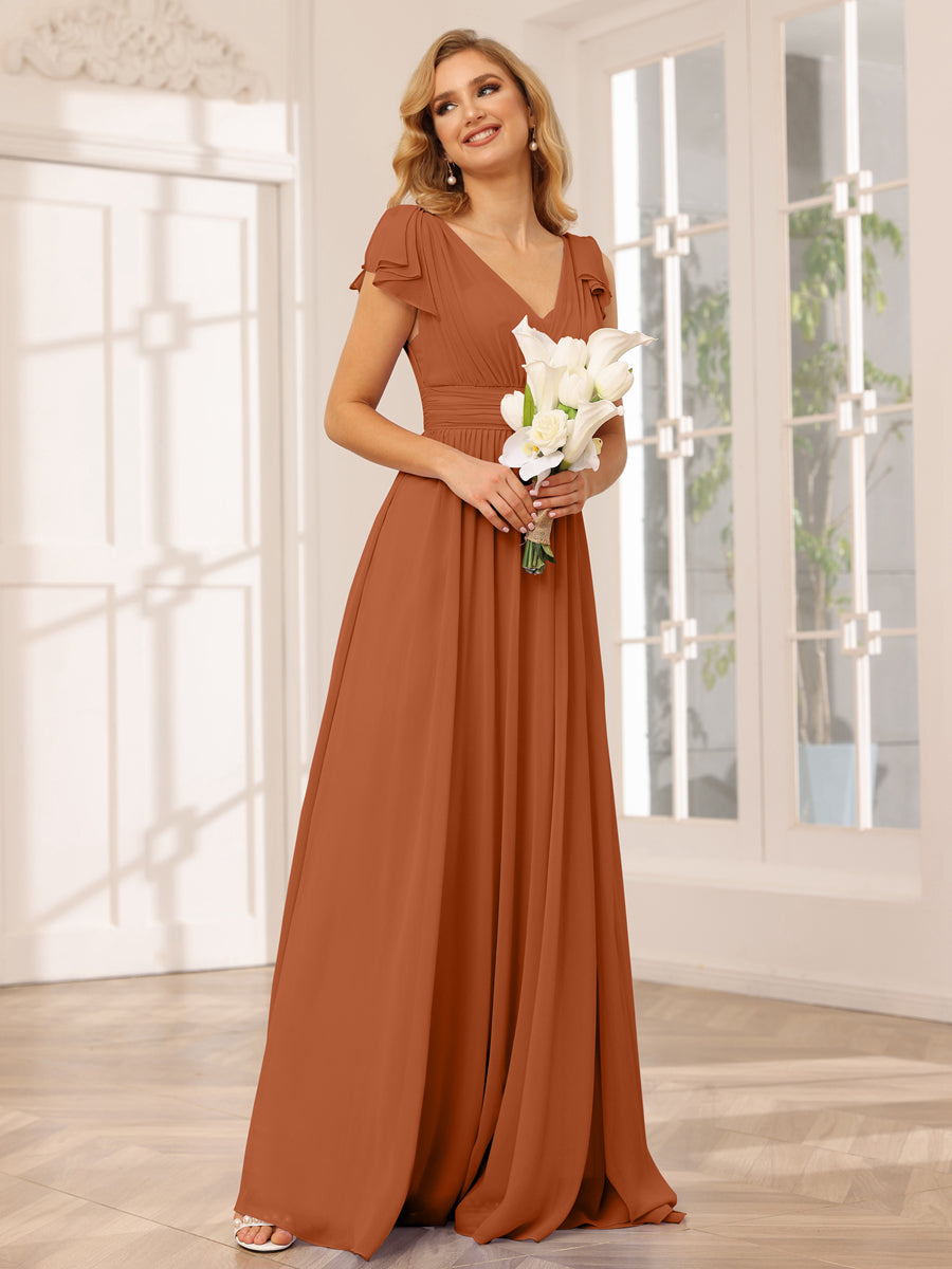 A-Line/Princess V-Neck Long Bridesmaid Dresses with Ruffles Burnt Orange