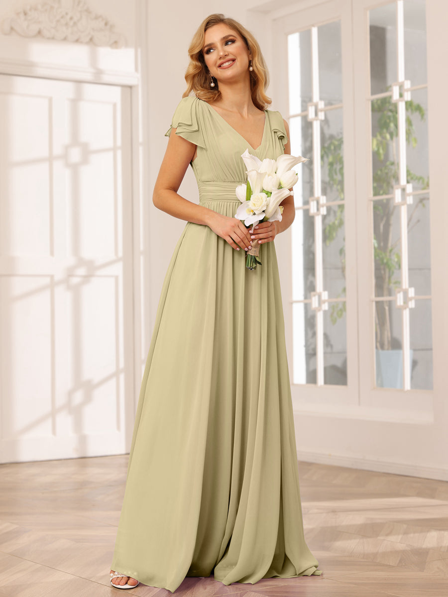 A-Line/Princess V-Neck Long Bridesmaid Dresses with Ruffles Champagne
