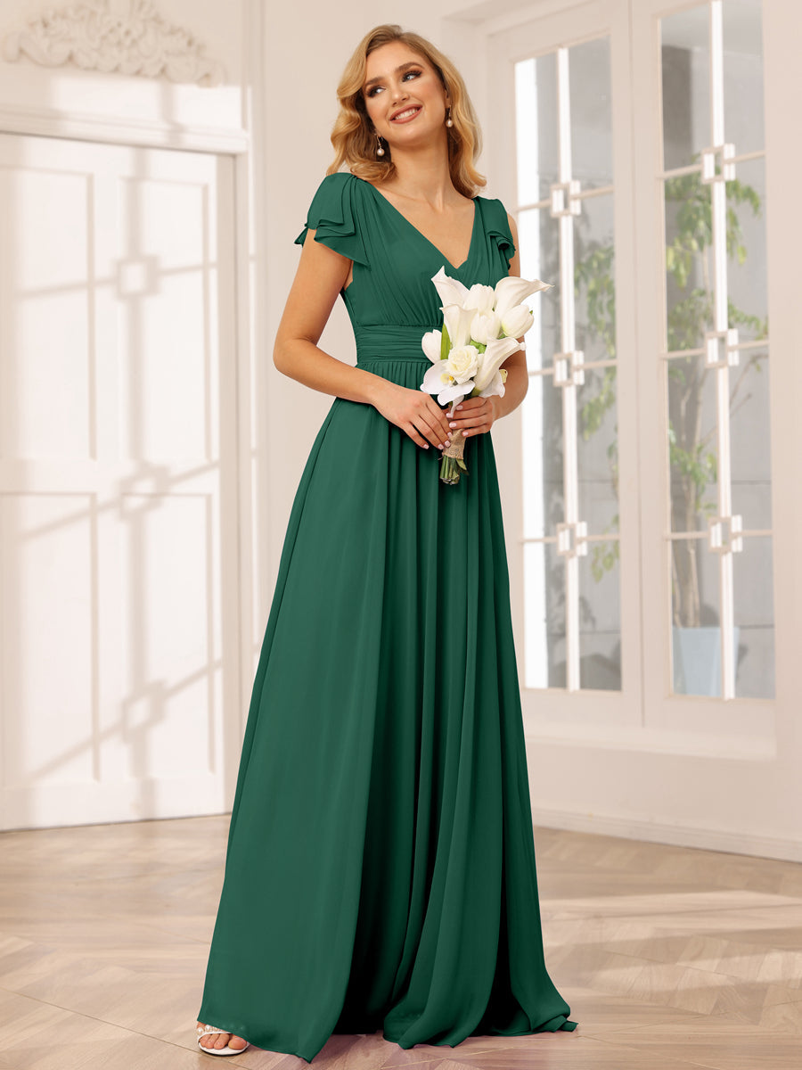A-Line/Princess V-Neck Long Bridesmaid Dresses with Ruffles Dark Green