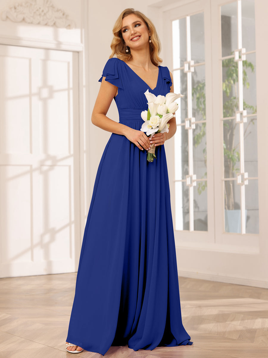 A-Line/Princess V-Neck Long Bridesmaid Dresses with Ruffles Dark Royal Blue