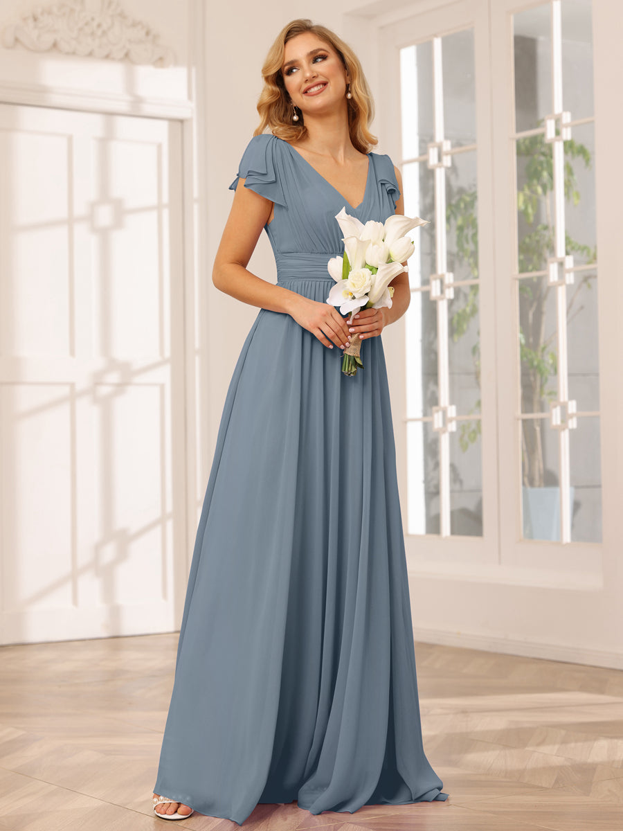 A-Line/Princess V-Neck Long Bridesmaid Dresses with Ruffles Dusty Blue
