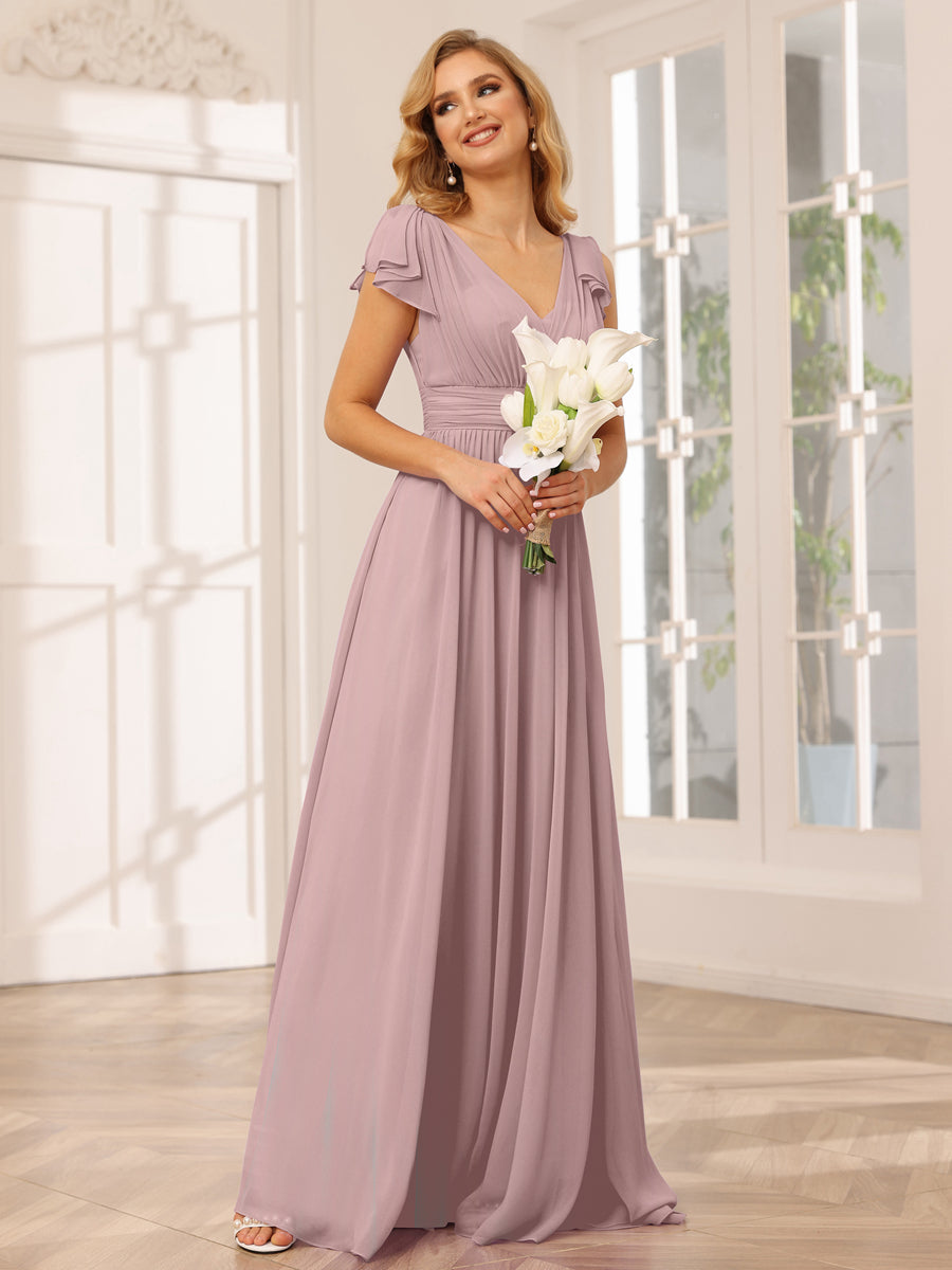 A-Line/Princess V-Neck Long Bridesmaid Dresses with Ruffles Dusty Pink
