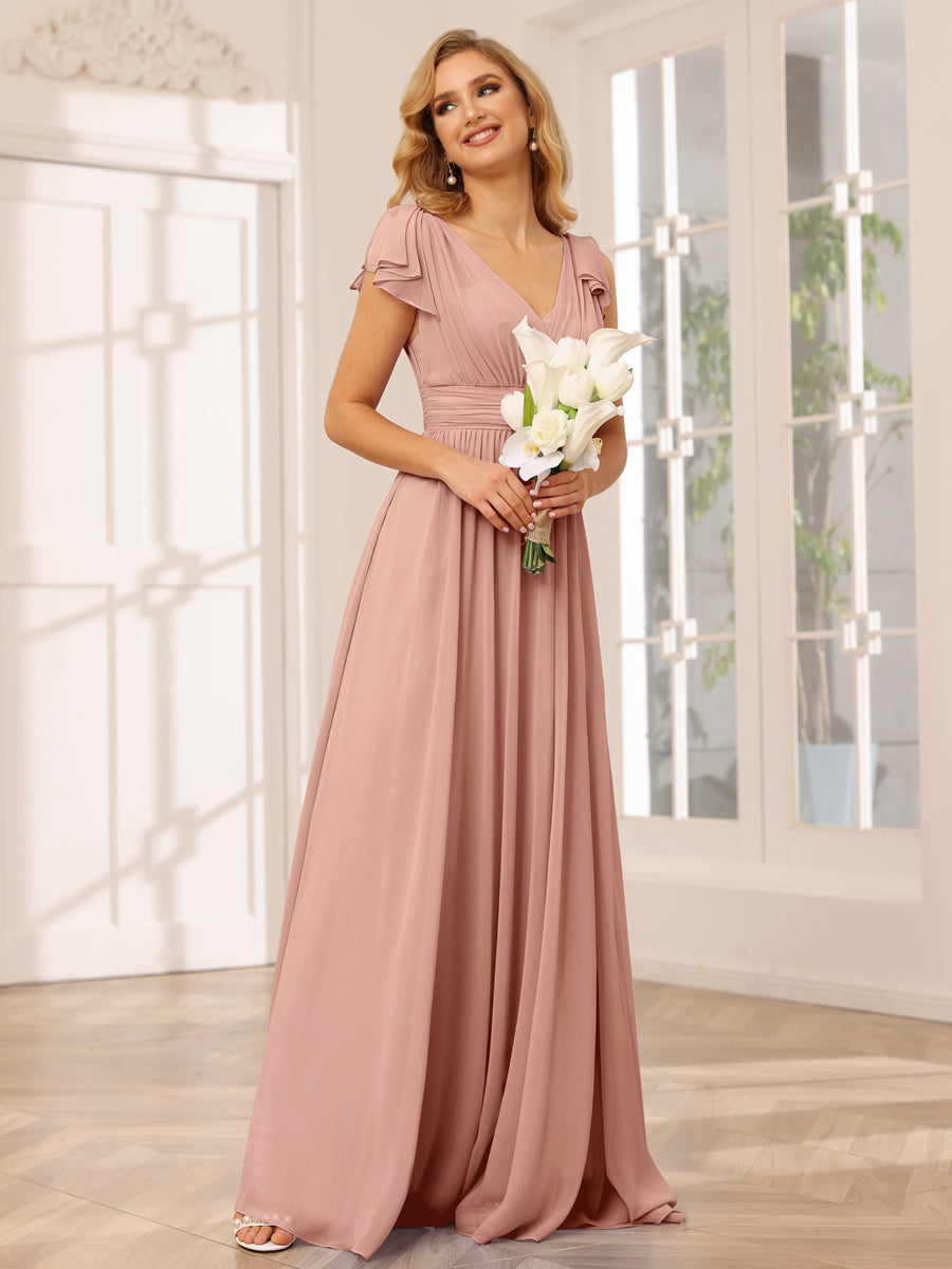 A-Line/Princess V-Neck Long Bridesmaid Dresses with Ruffles Dusty Rose