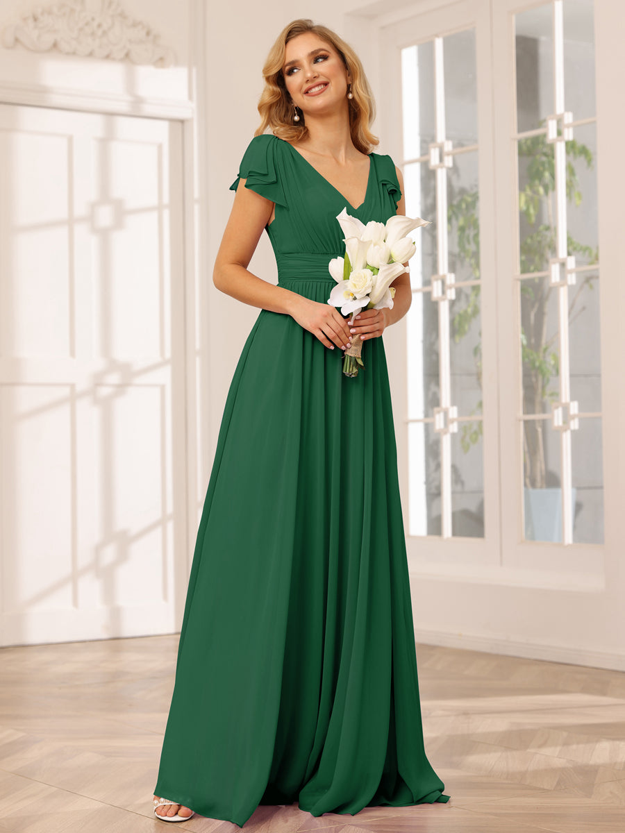 A-Line/Princess V-Neck Long Bridesmaid Dresses with Ruffles Emerald