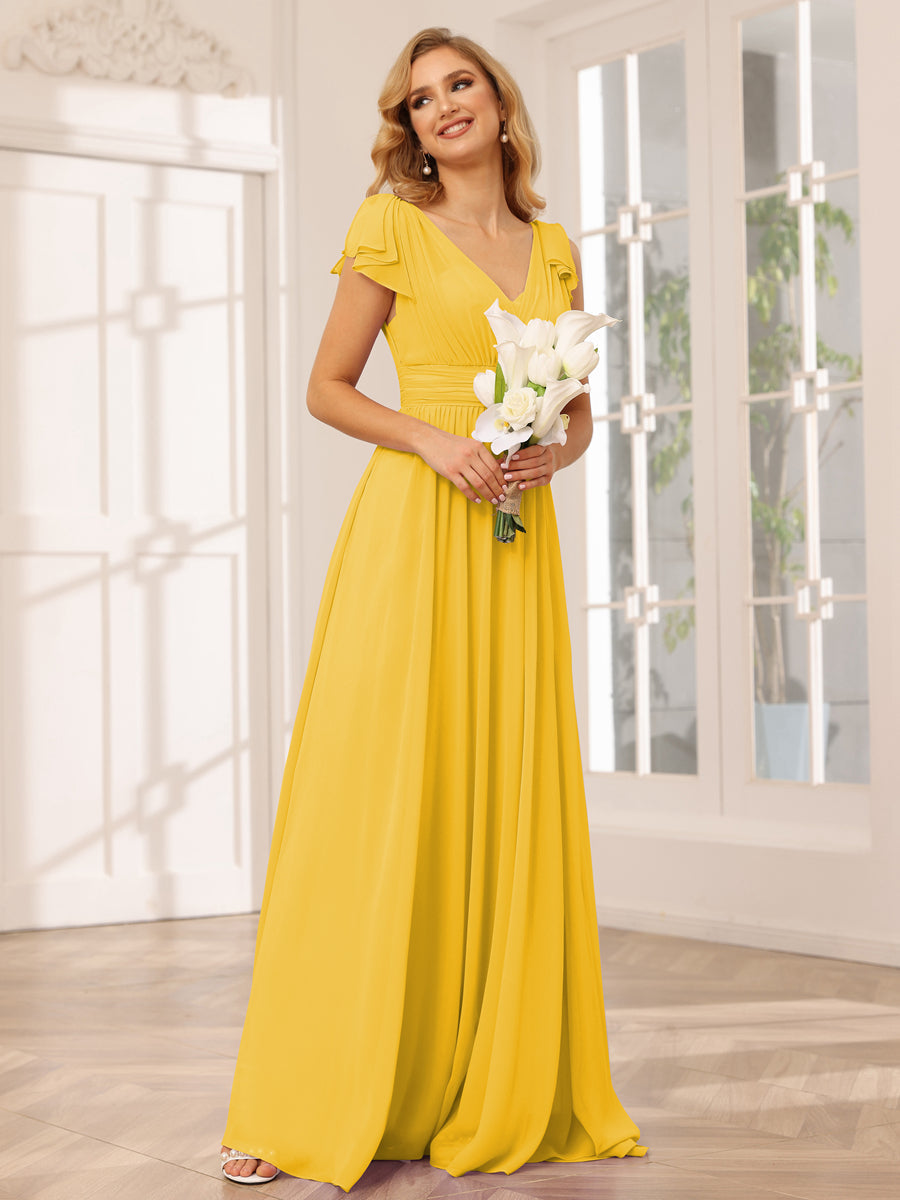 A-Line/Princess V-Neck Long Bridesmaid Dresses with Ruffles Gold