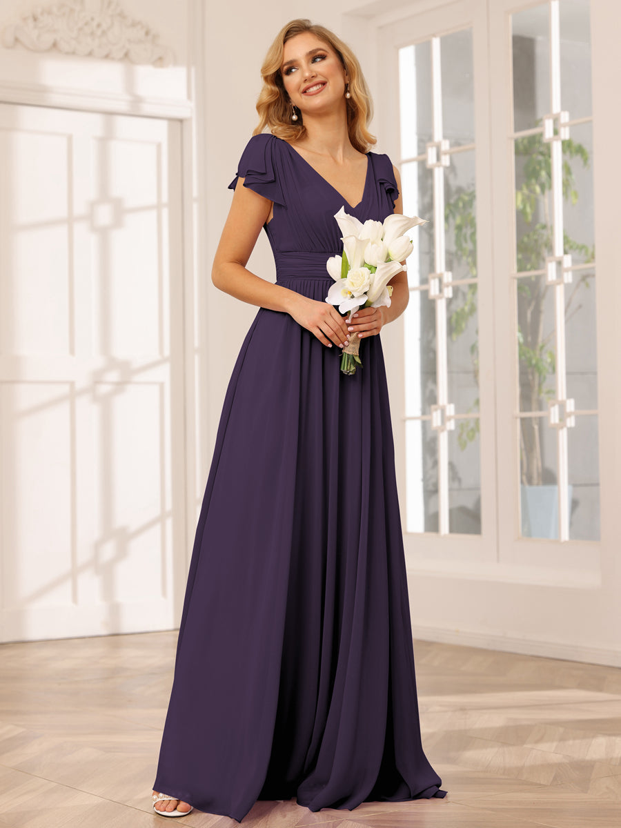 A-Line/Princess V-Neck Long Bridesmaid Dresses with Ruffles Grape