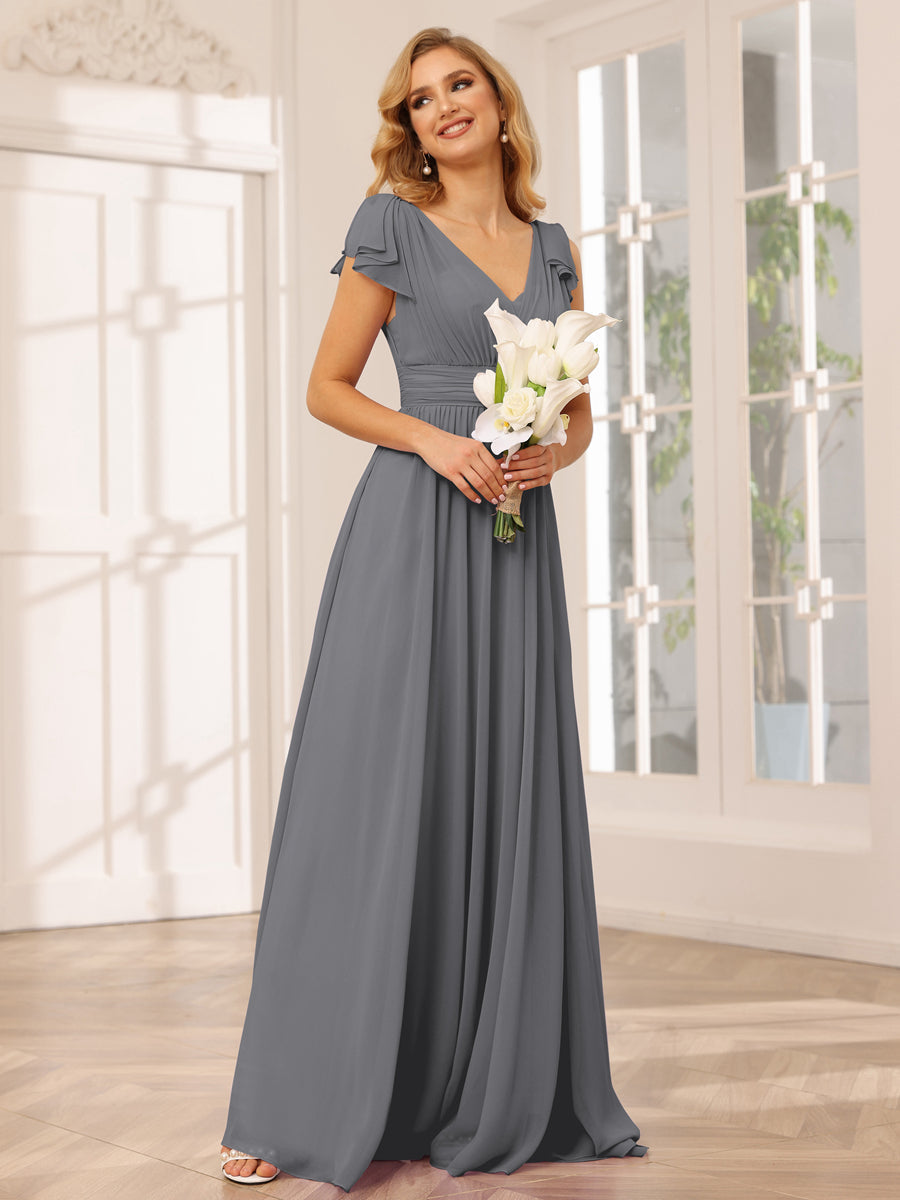 A-Line/Princess V-Neck Long Bridesmaid Dresses with Ruffles Gray