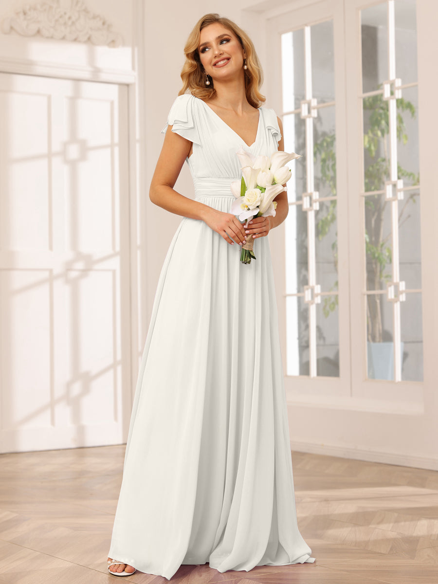 A-Line/Princess V-Neck Long Bridesmaid Dresses with Ruffles Ivory