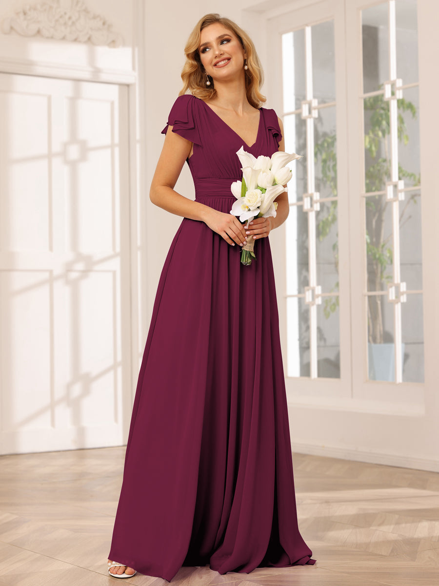 A-Line/Princess V-Neck Long Bridesmaid Dresses with Ruffles Light Burgundy