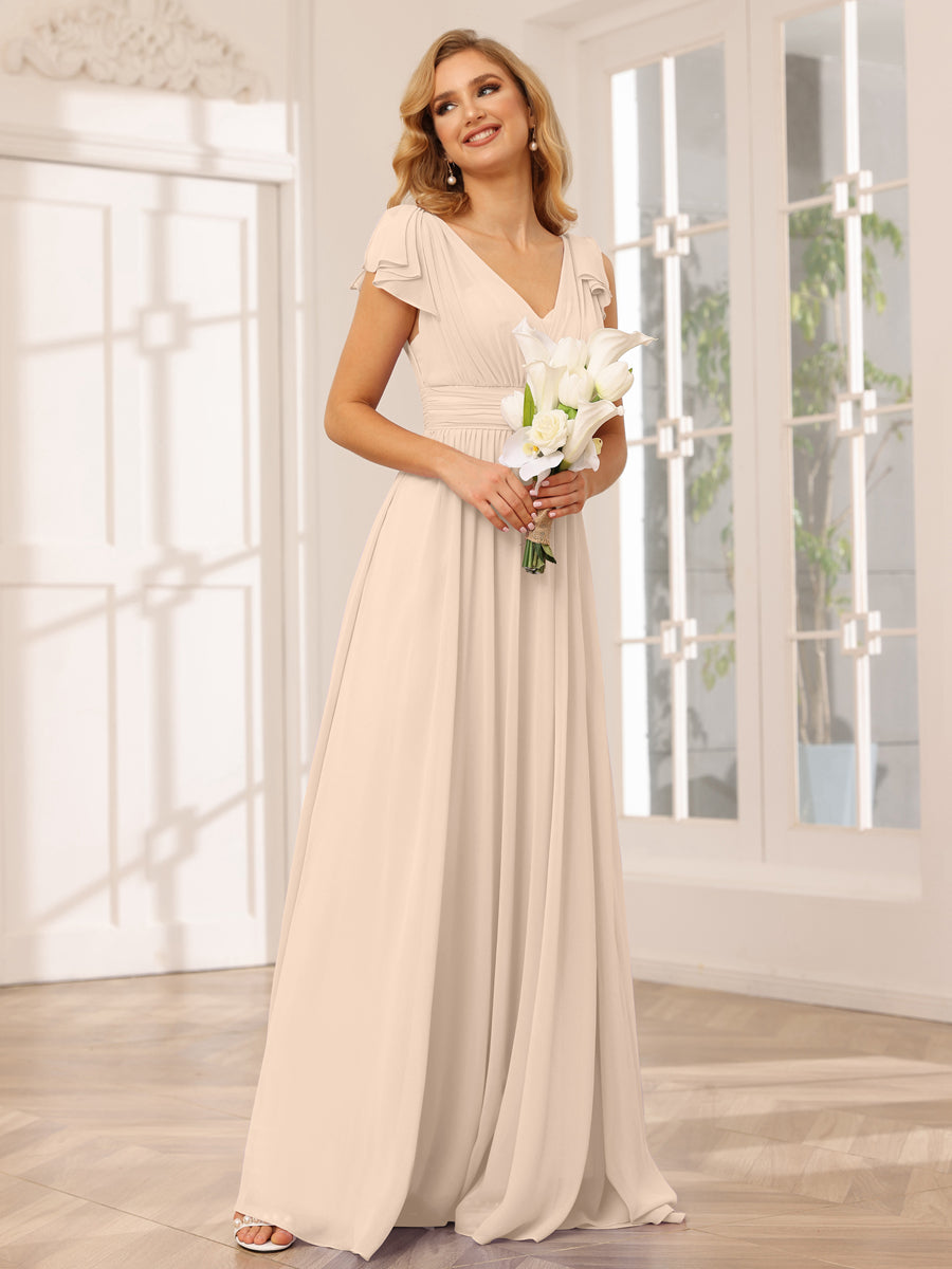 A-Line/Princess V-Neck Long Bridesmaid Dresses with Ruffles Light Champagne