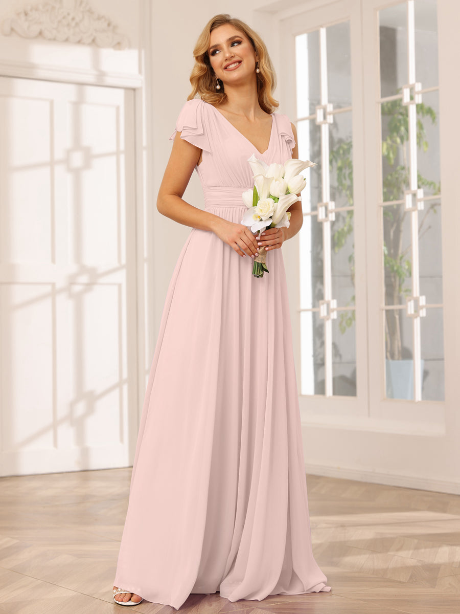 A-Line/Princess V-Neck Long Bridesmaid Dresses with Ruffles Light Pink