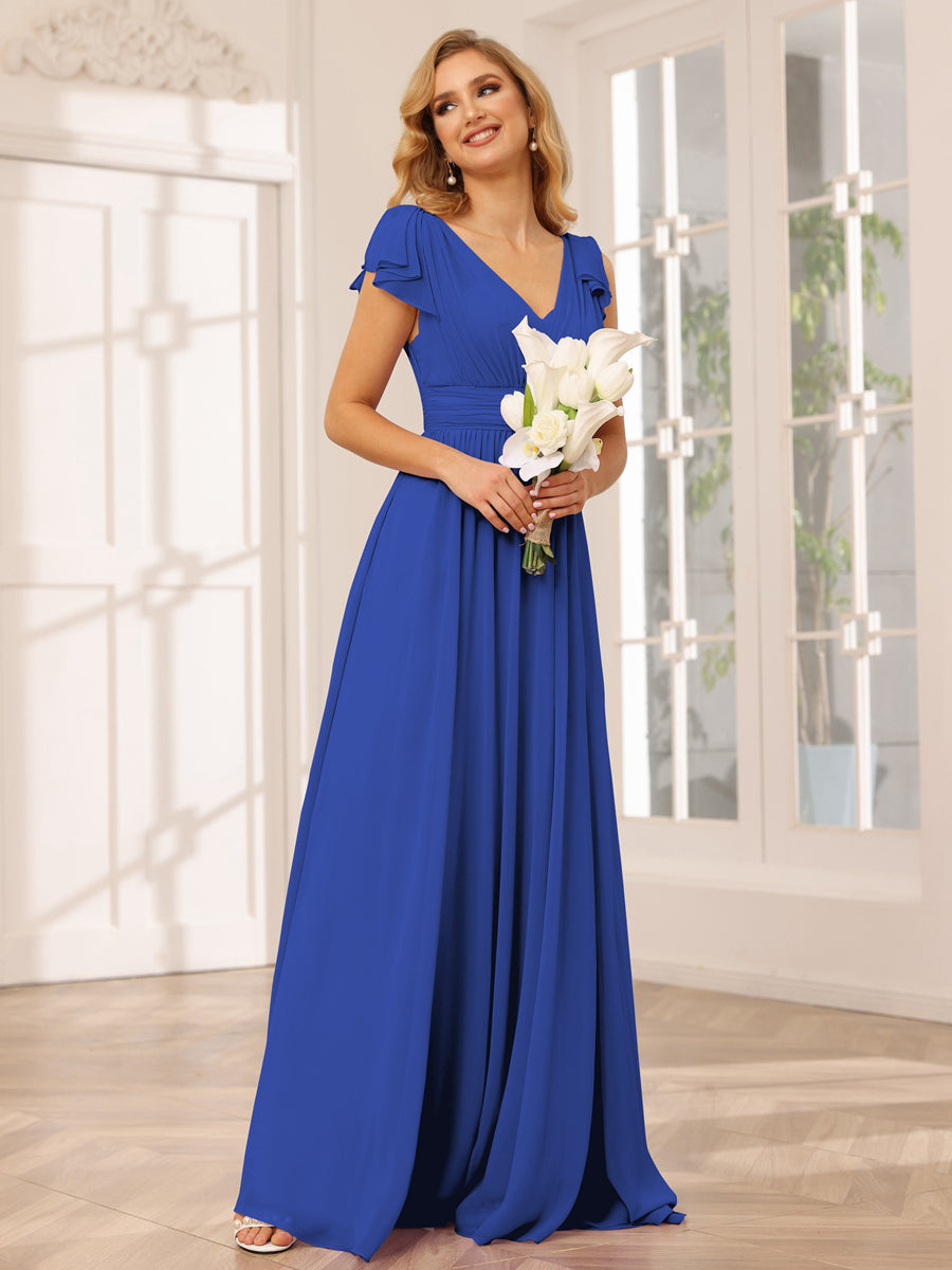 A-Line/Princess V-Neck Long Bridesmaid Dresses with Ruffles Light Royal Blue