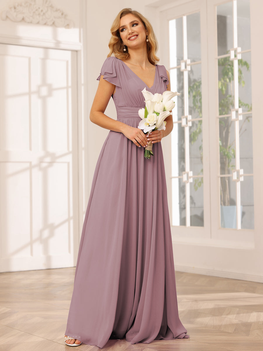 A-Line/Princess V-Neck Long Bridesmaid Dresses with Ruffles Mauve