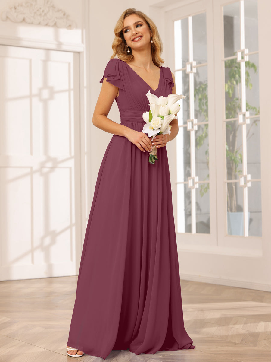 A-Line/Princess V-Neck Long Bridesmaid Dresses with Ruffles Mulberry