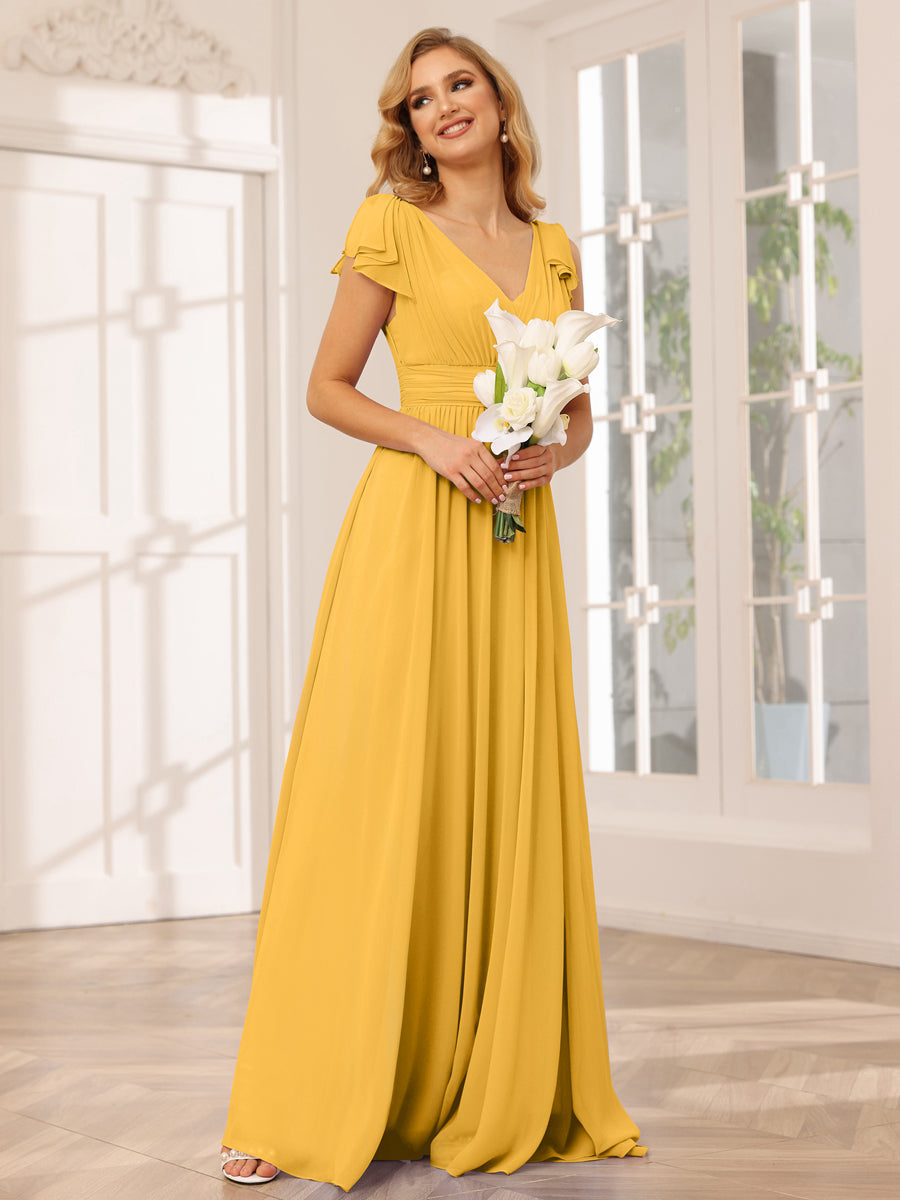 A-Line/Princess V-Neck Long Bridesmaid Dresses with Ruffles Mustard Yellow