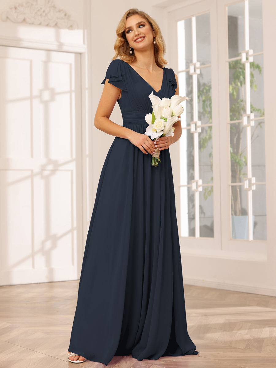 A-Line/Princess V-Neck Long Bridesmaid Dresses with Ruffles Navy Blue
